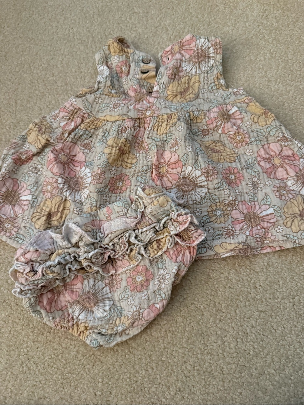 Rabbit & Bear Floral Baby Dress in Cream and Tan with Bloomers